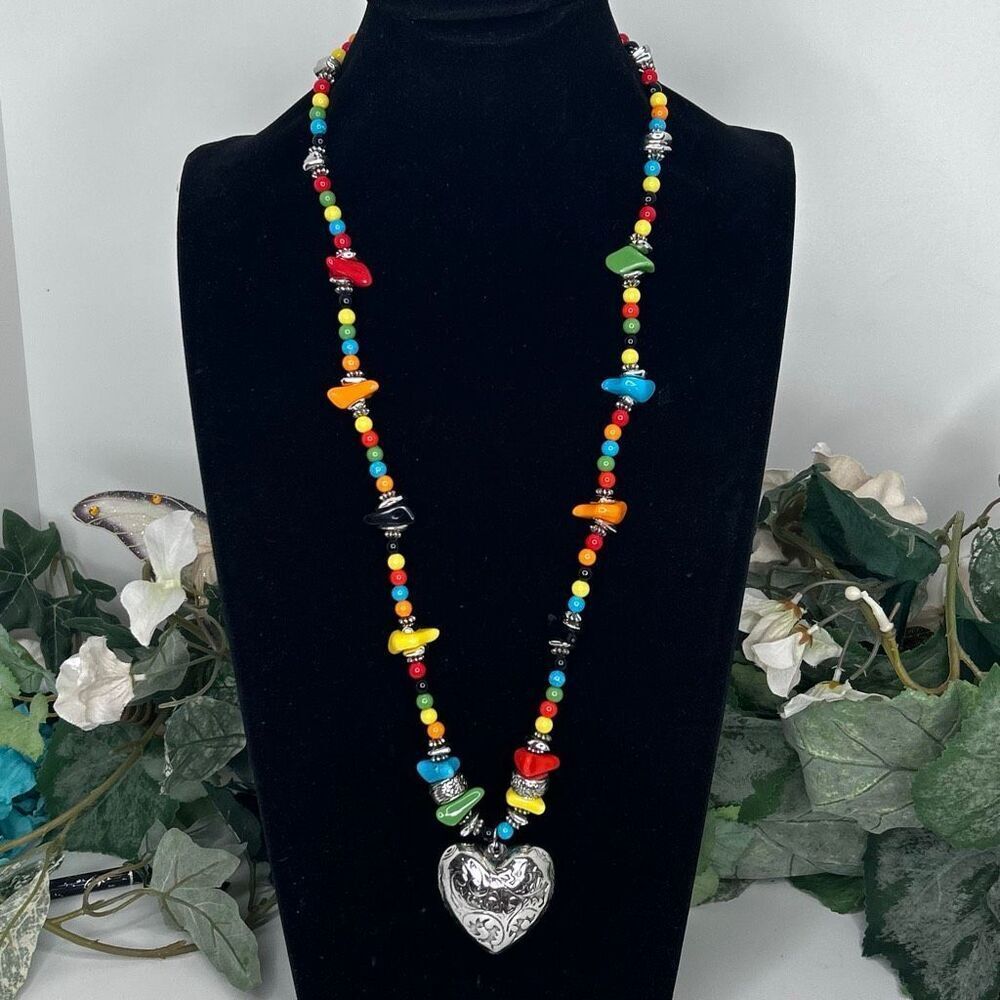 Vtg Long Beaded Necklace With Heart Pendant Womens 27" Multicolor Rainbow Hippie